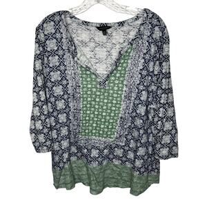 Lucky Brand Boho Top 1X Blue Green Mixed Print Split Neck Long Sleeve